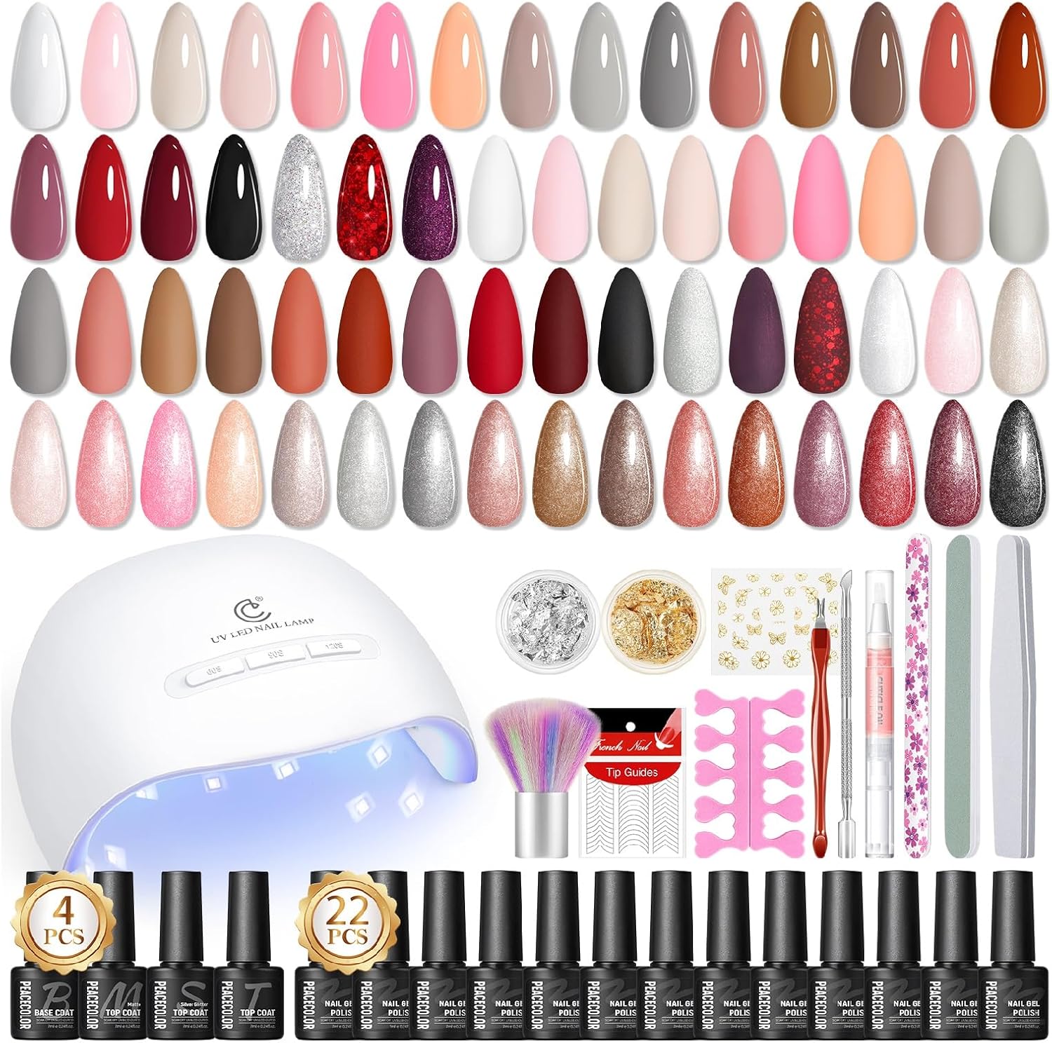 Peacecolor 39 piece gel nail polish kit front view with lamp