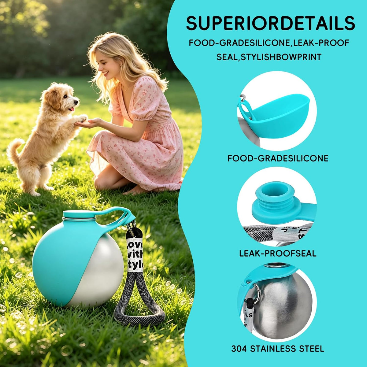 Blue silicone bowl flipped open on a stainless steel pet hydration tumbler