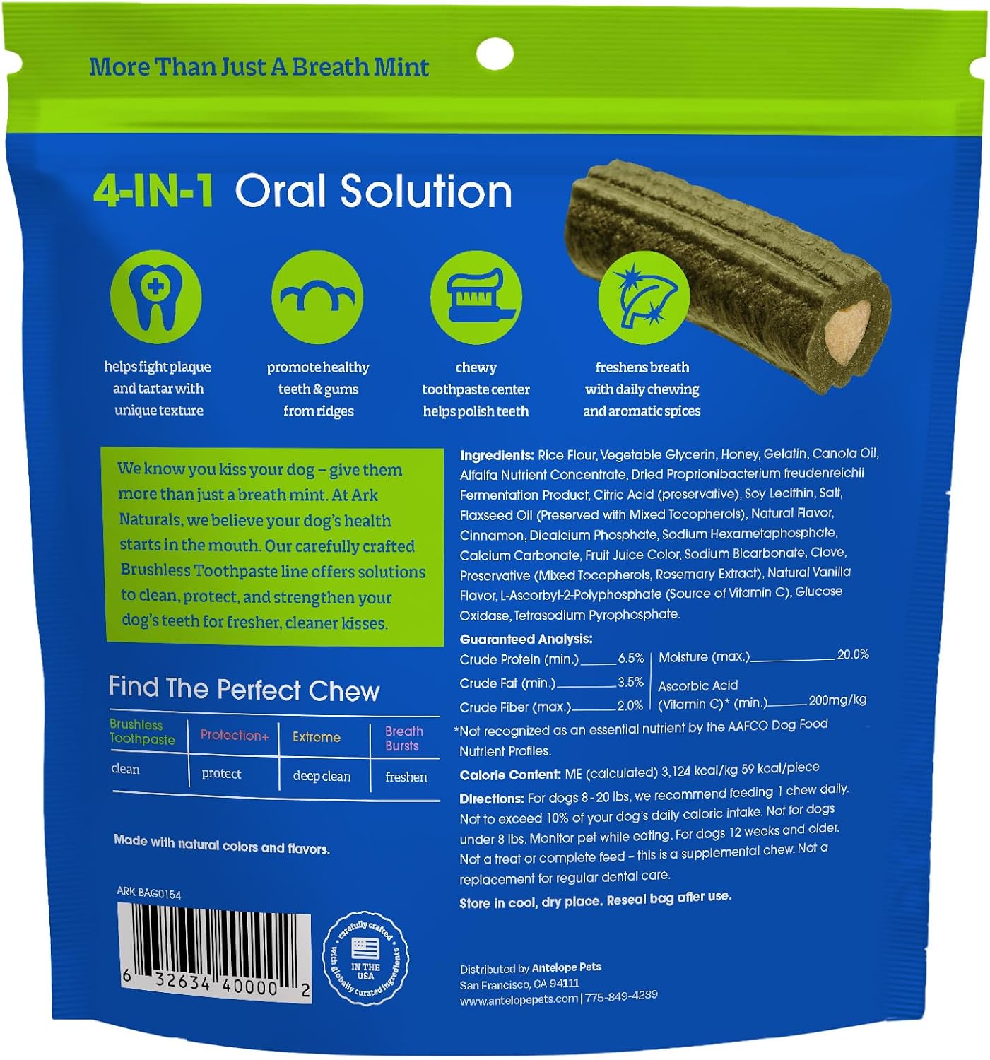 Ark Naturals 4-in-1 dog dental chews showing the unique ridge design and toothpaste center.