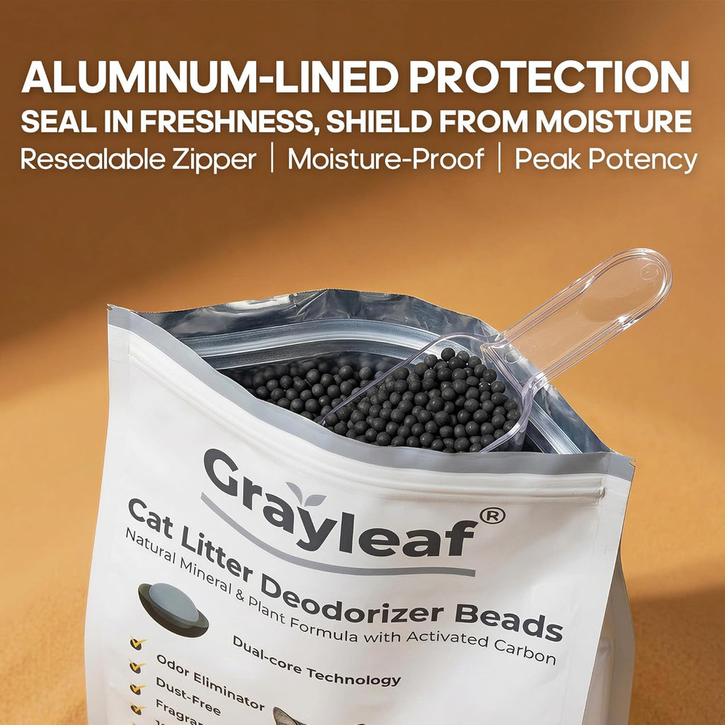 Close up of plant powered cat litter additive packaging details and features