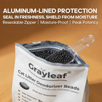 Close up of plant powered cat litter additive packaging details and features