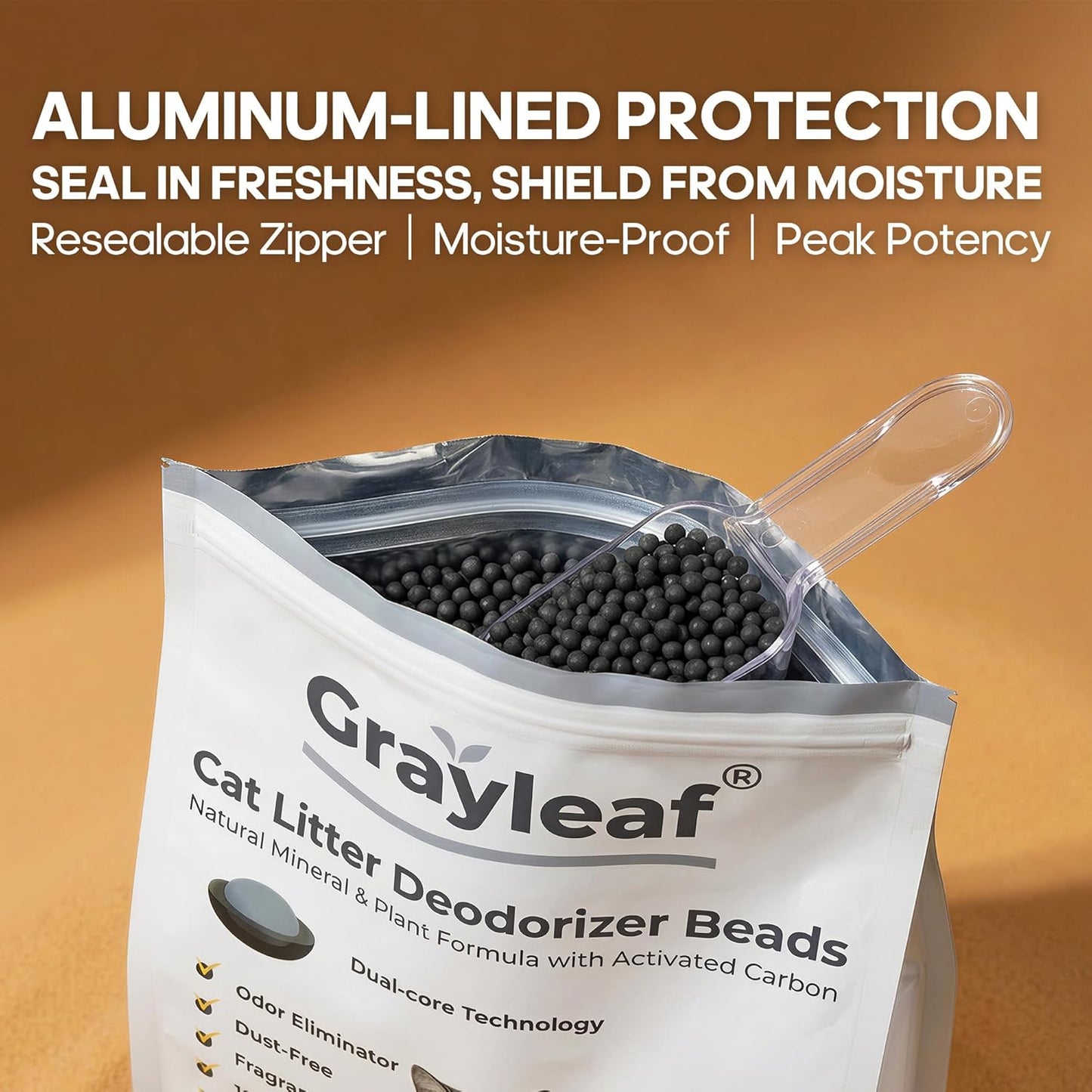 Close up of plant powered cat litter additive packaging details and features