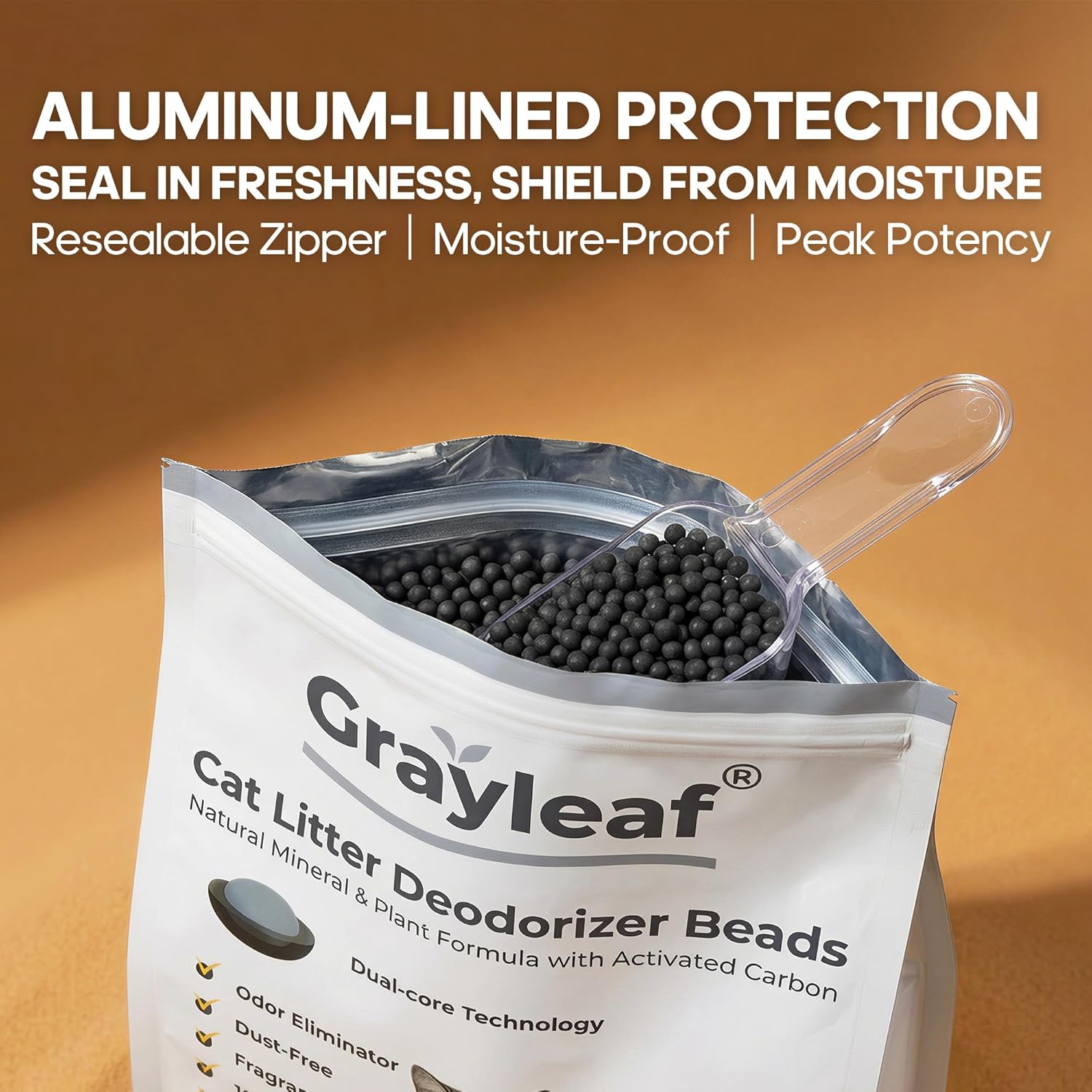 Close up of plant powered cat litter additive packaging details and features