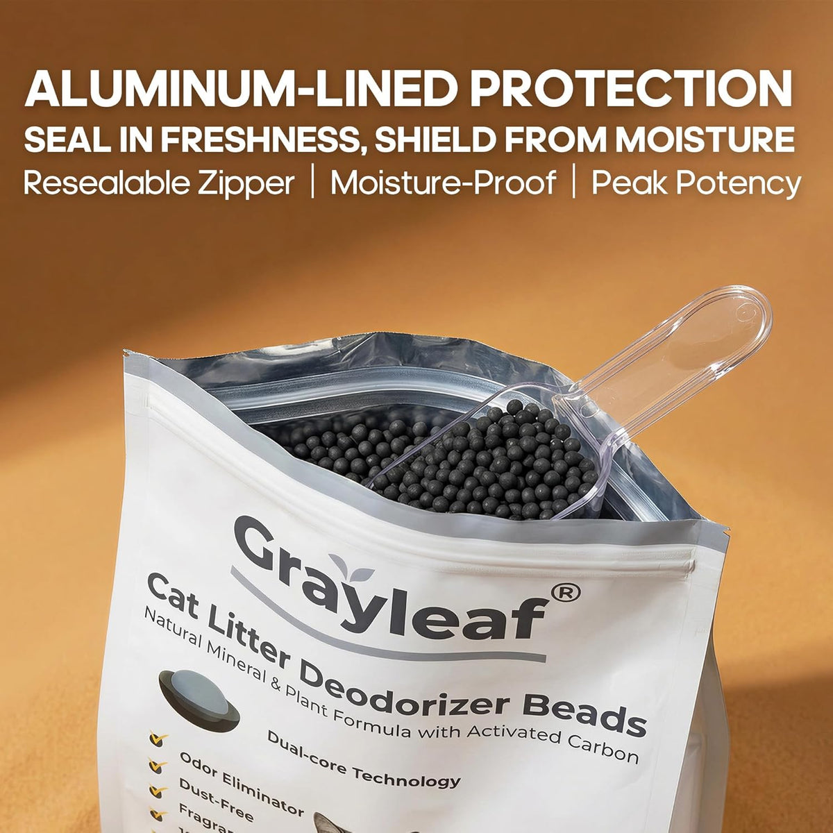 Close up of plant powered cat litter additive packaging details and features