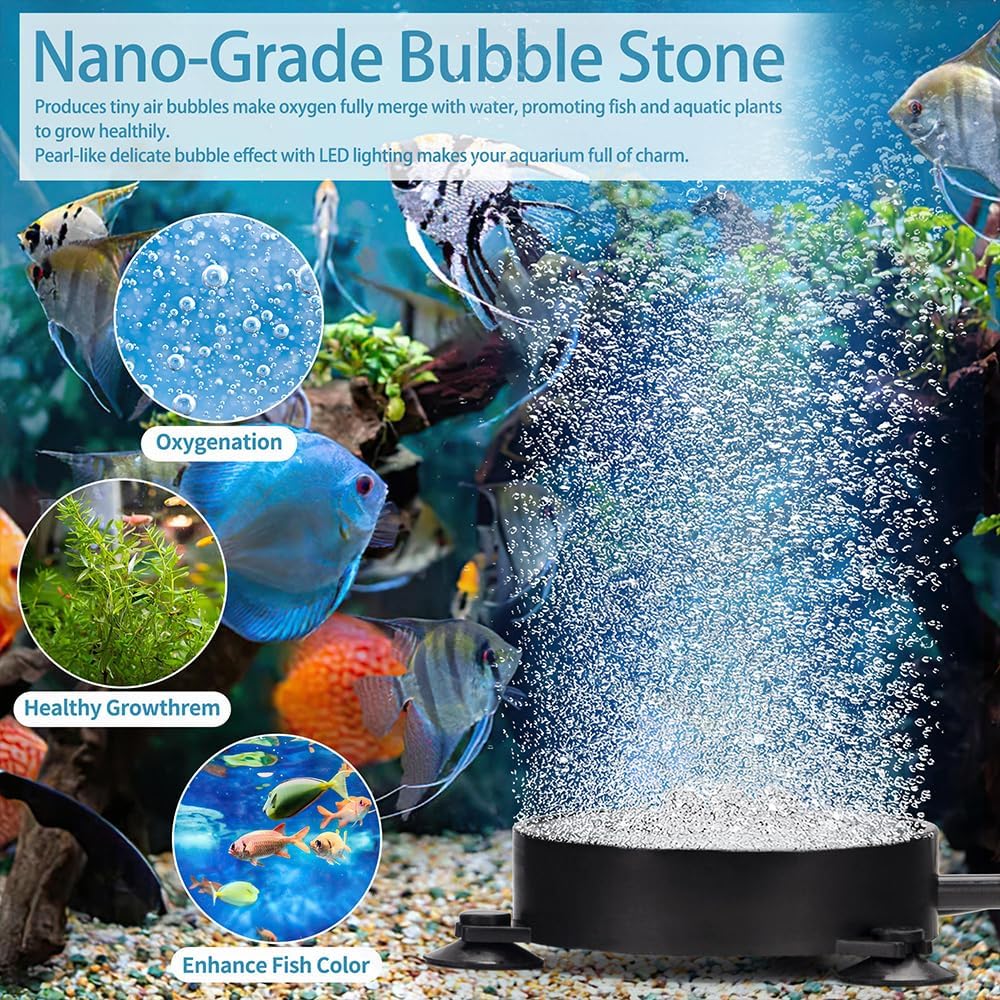 DaToo aquarium air stone disk with colorful LED lights illuminated