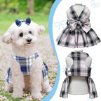 Three piece pet apparel set showing the black plaid dress matching leash and neck bow