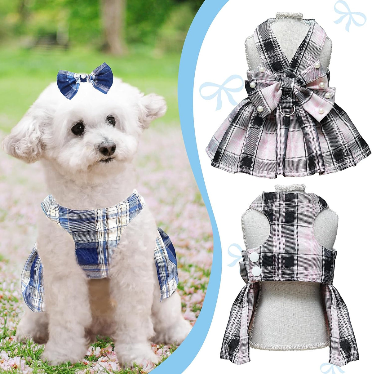 Three piece pet apparel set showing the black plaid dress matching leash and neck bow