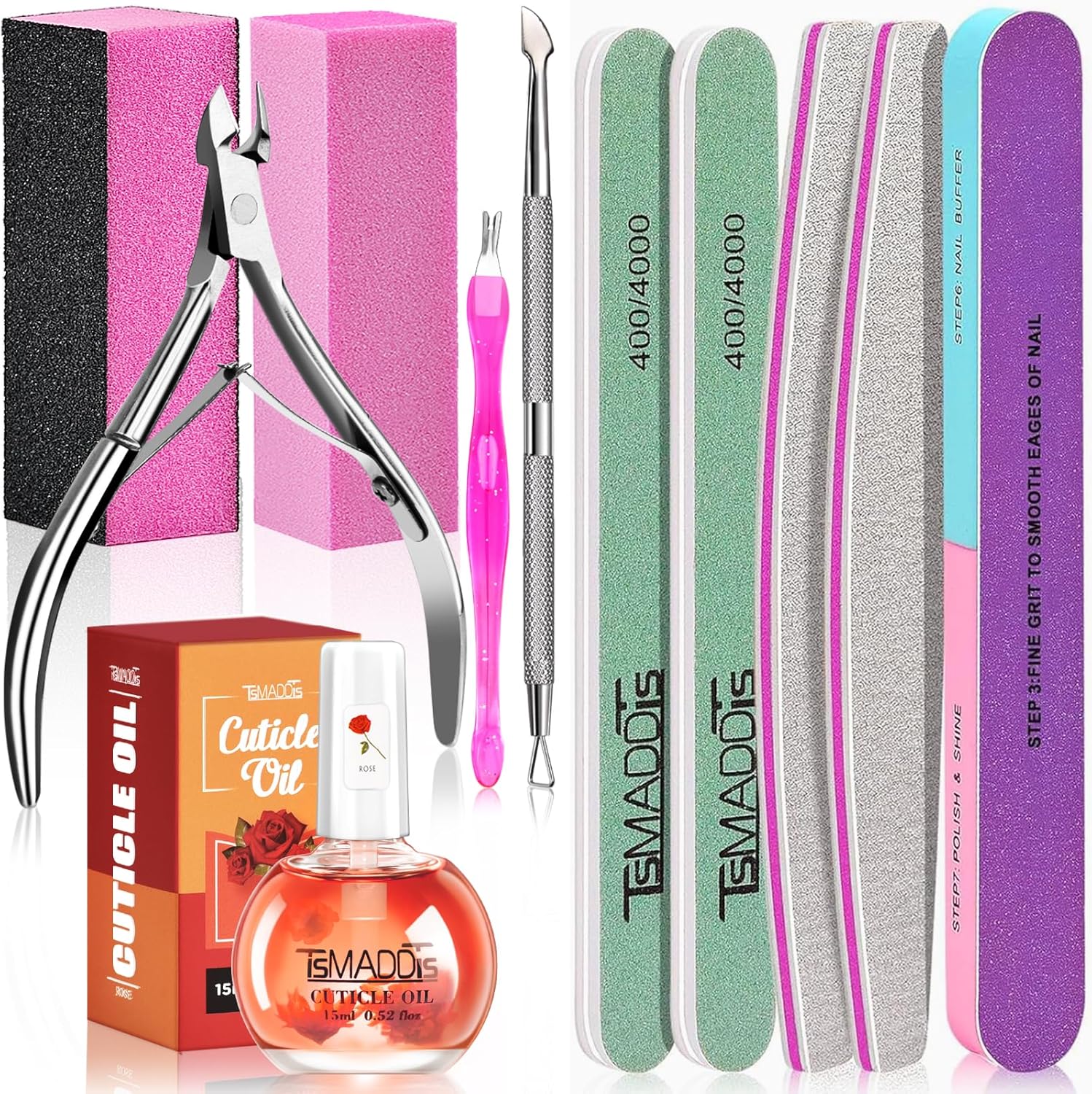 TsMADDTs Manicure Tools Kit front view with nail files and nippers