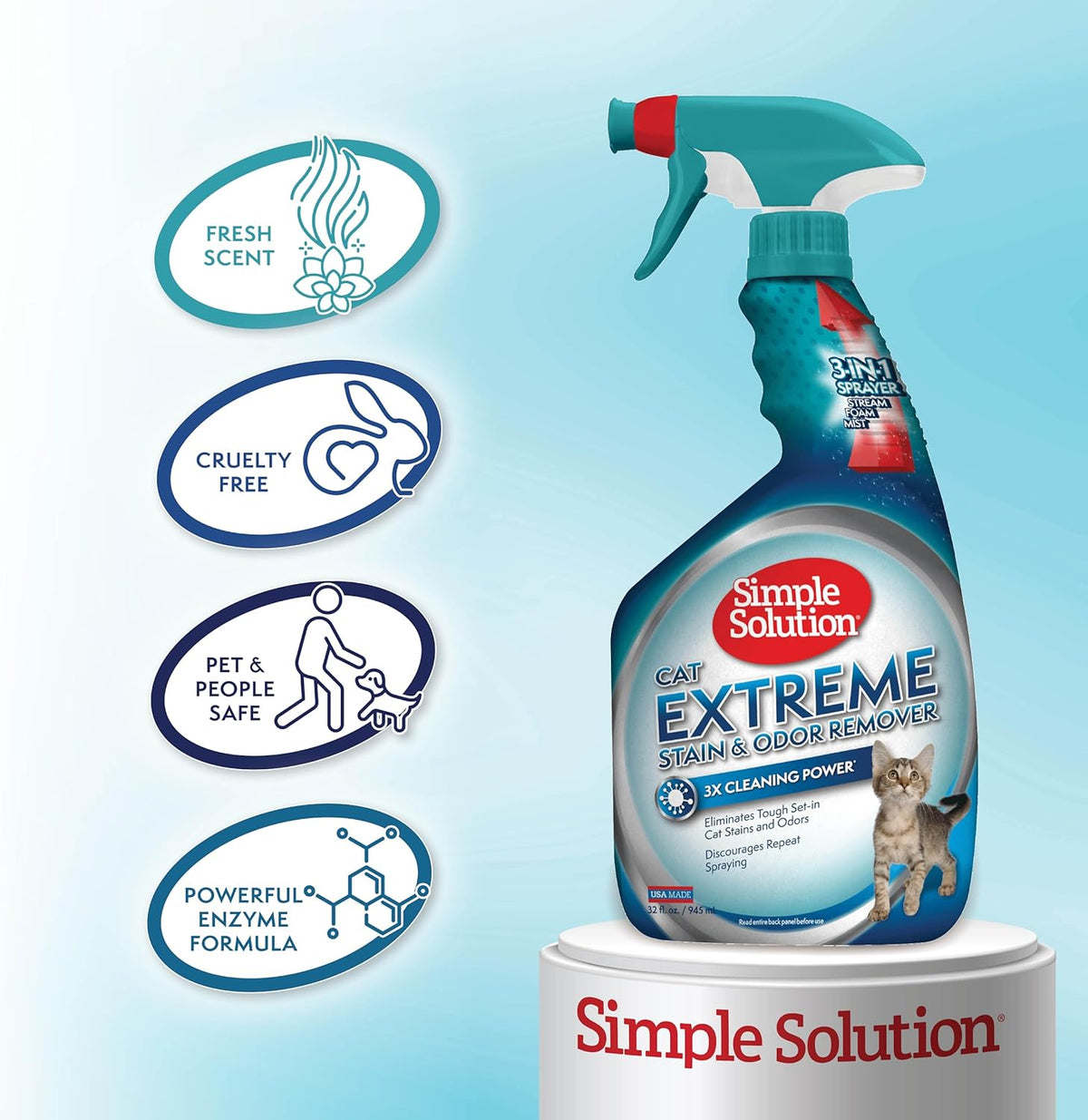 Enzymatic cat urine cleaning spray bottle showing the foam mist and stream sprayer options
