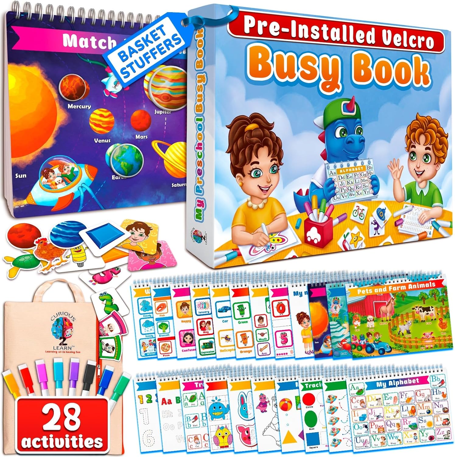 Curious 2 Learn Montessori Busy Book front view of blue educational binder
