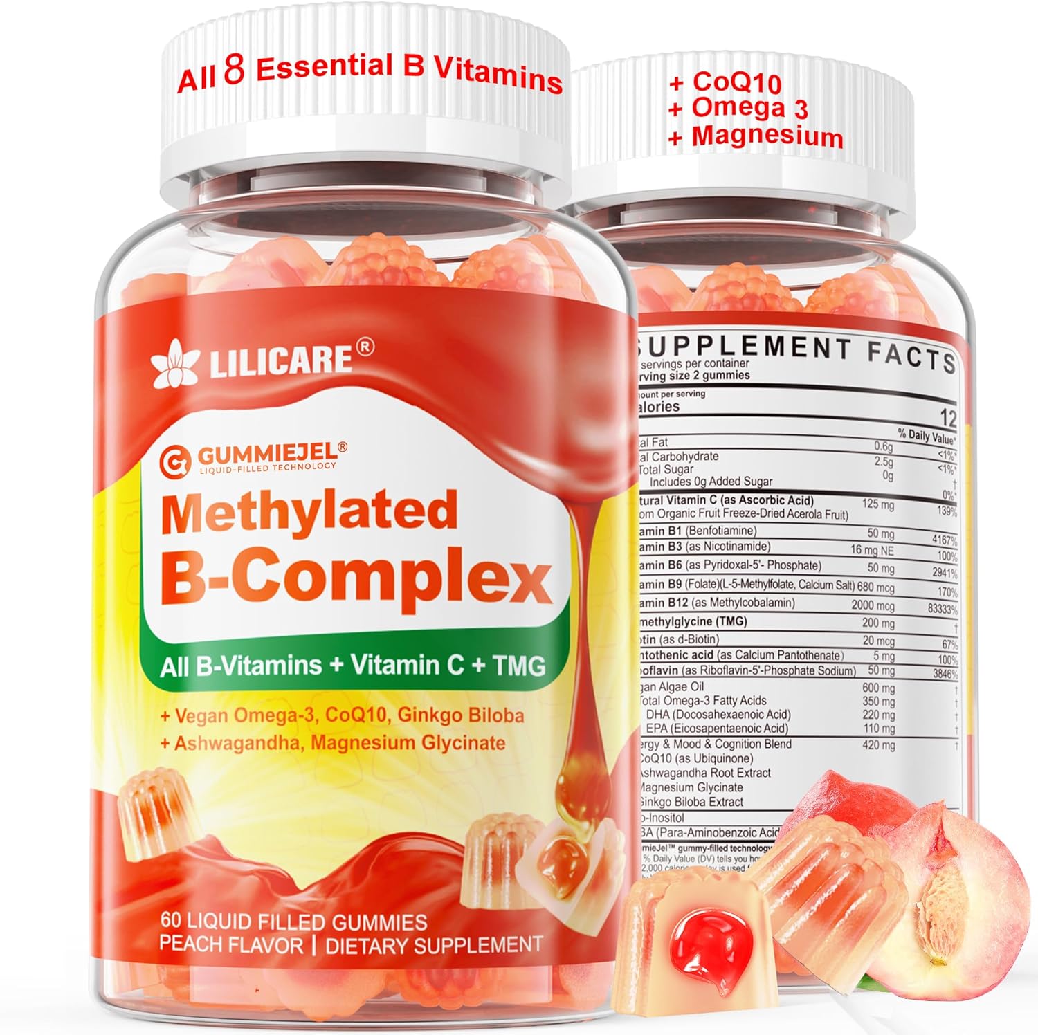 LILICARE Super Methylated B Complex Gummies front view of the 60 count bottle showcasing authentic premium wellness supplement.