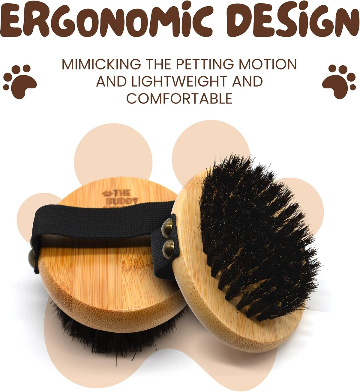 The Buddy System palm brush underside showing the densely packed soft boar bristles for gentle pet grooming.