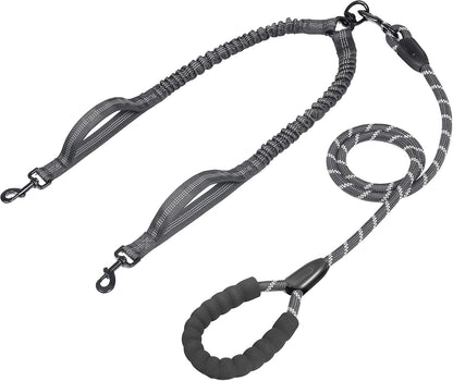 iYoPets double dog leash front view premium black dual pet walking lead