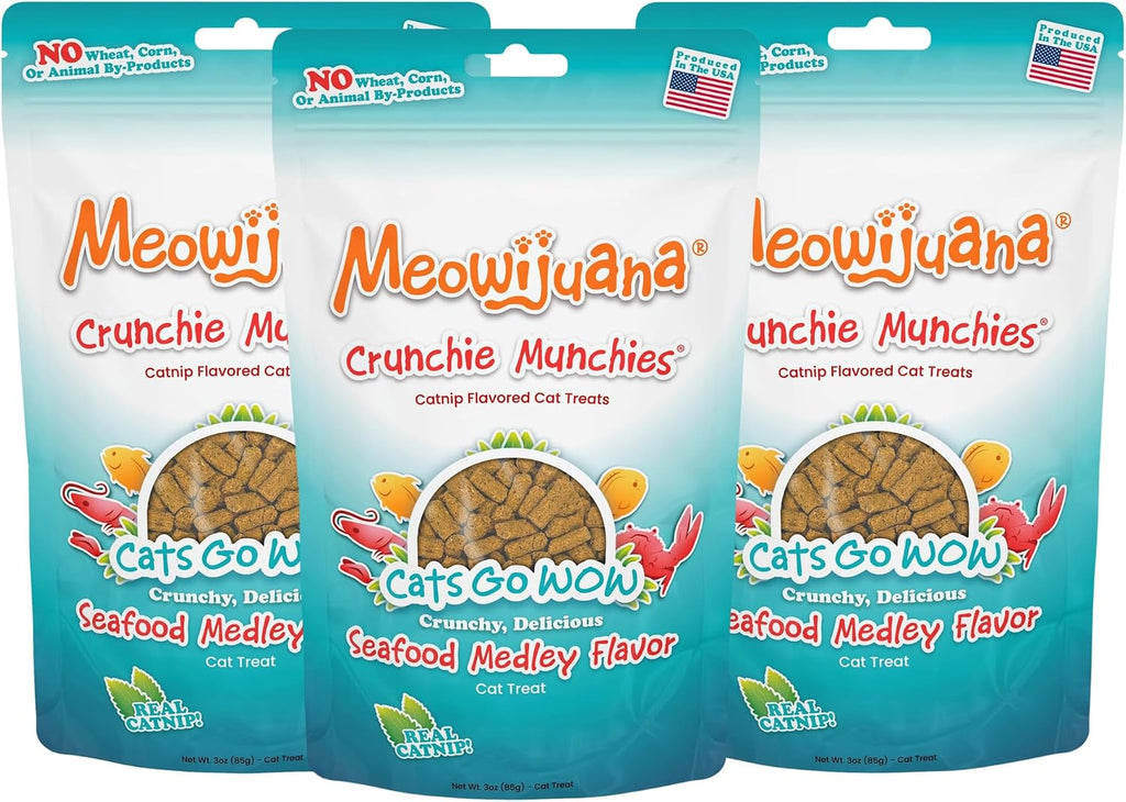 Meowijuana healthy low calorie bite sized crunchy cat treats.