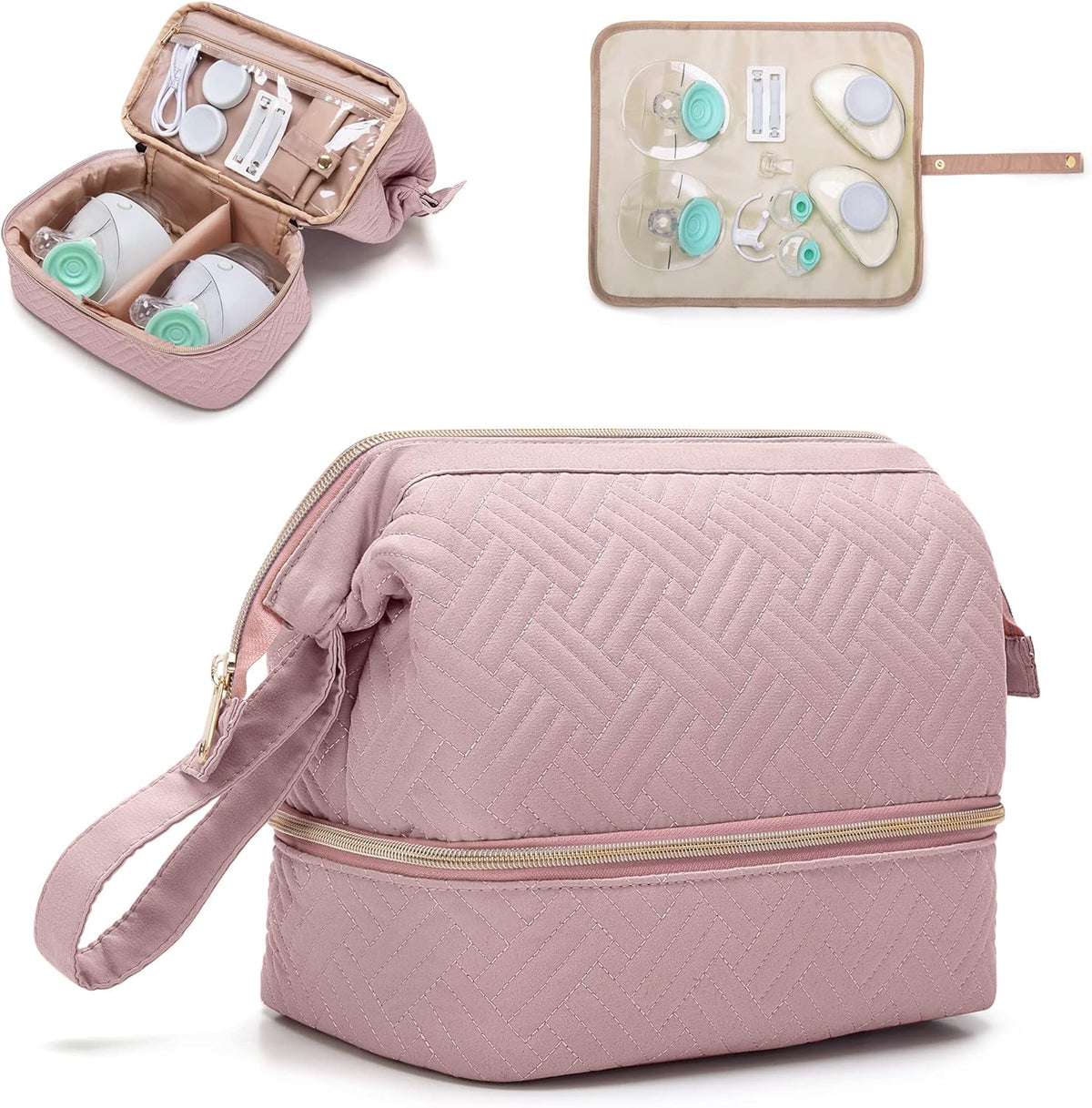 Fasrom wearable breast pump bag pink front view showing quilted pattern