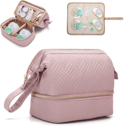 Fasrom wearable breast pump bag pink front view showing quilted pattern