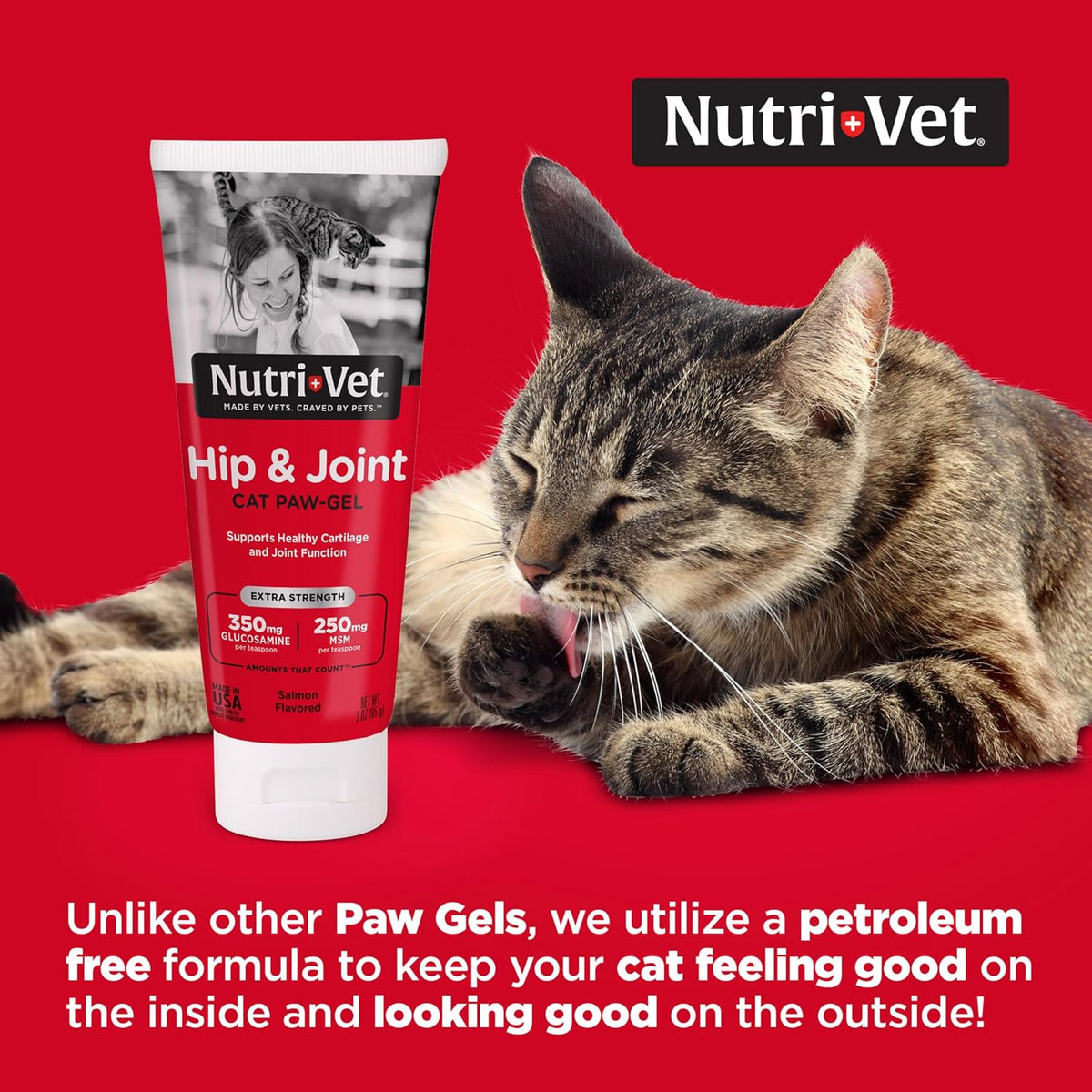 Salmon flavored cat joint supplement tube back label details