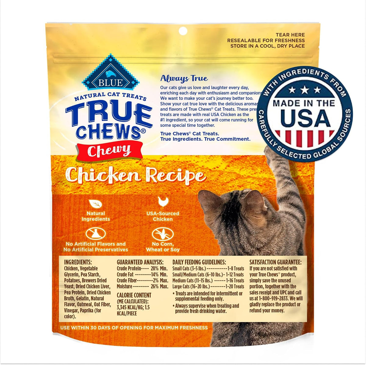 Blue Buffalo authentic USA imported chicken cat treats back label ingredients.