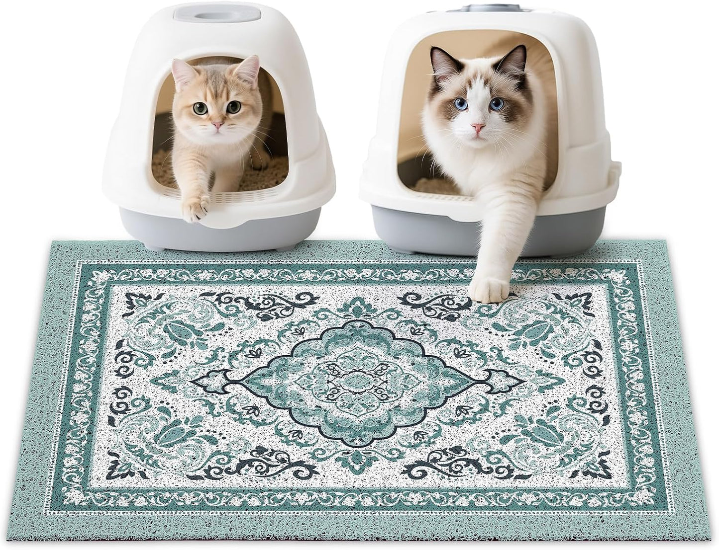 Unicorn Catcher anti tracking cat mat layout next to a modern litter box