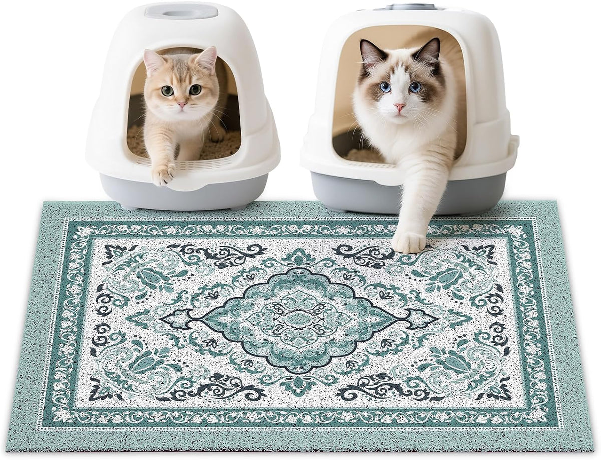 Unicorn Catcher anti tracking cat mat layout next to a modern litter box
