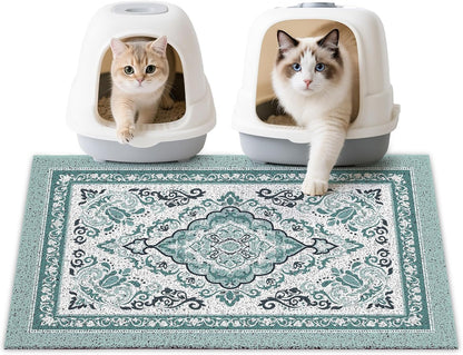 Unicorn Catcher anti tracking cat mat layout next to a modern litter box