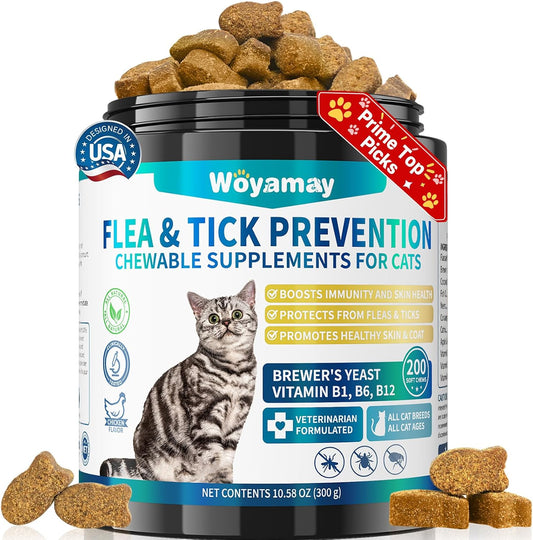 Woyamay Flea Treatment for Cats 200 treats jar front view showing chicken flavor label