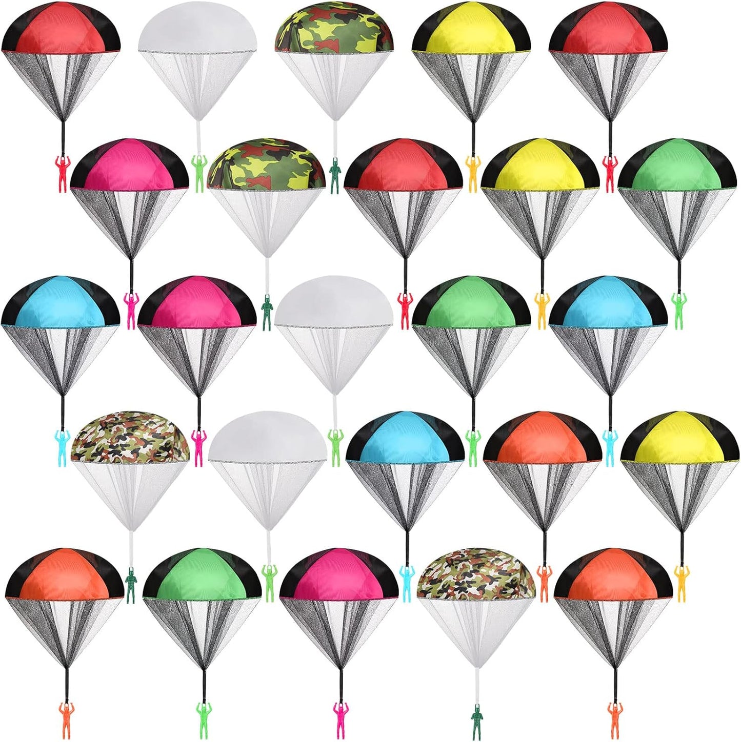 Yunsailing 25 Piece Parachute Toys front view showcasing various colorful canopies and mini army men figures.