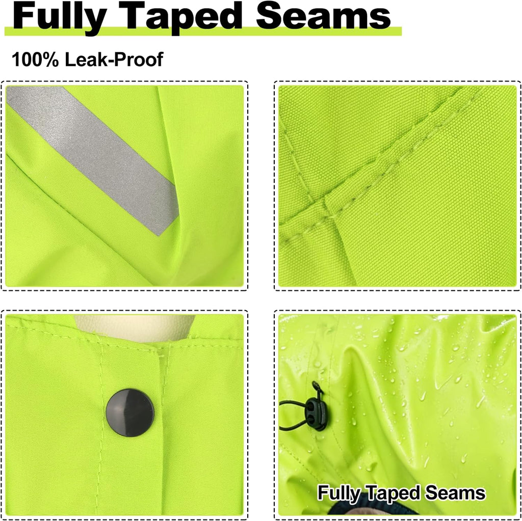 High visibility neon green pet rain gear highlighting leash hole access portal