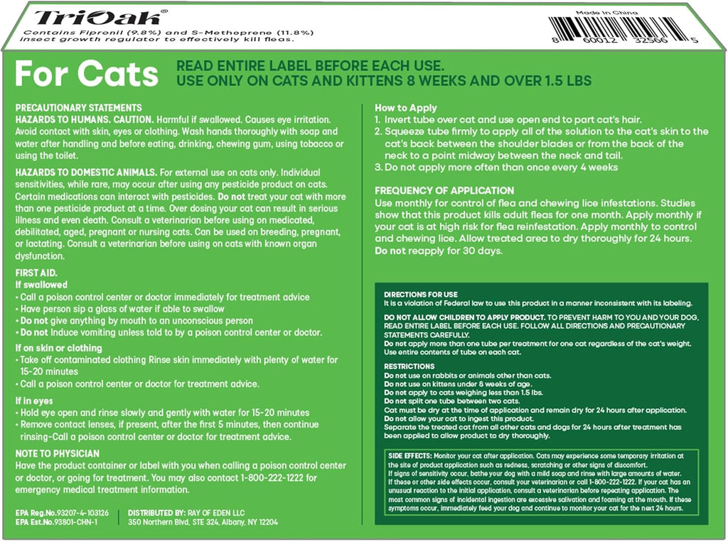 TriOak cat flea treatment 6 month supply box back view