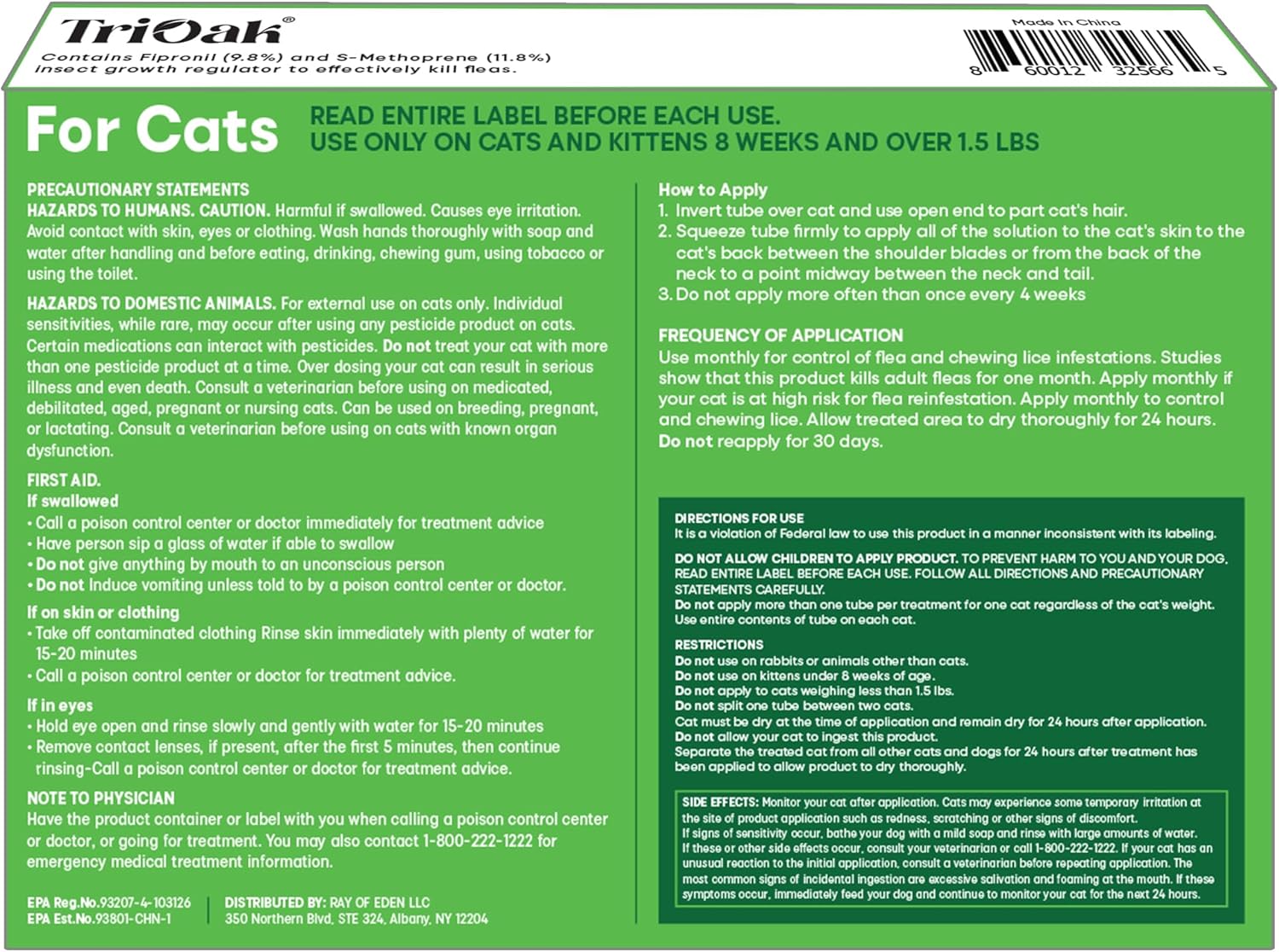 TriOak cat flea treatment 6 month supply box back view