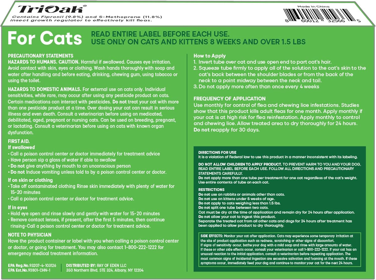 TriOak cat flea treatment 6 month supply box back view