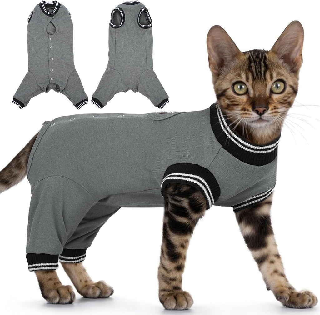 PUMYPOREITY cat recovery suit grey large front view on feline