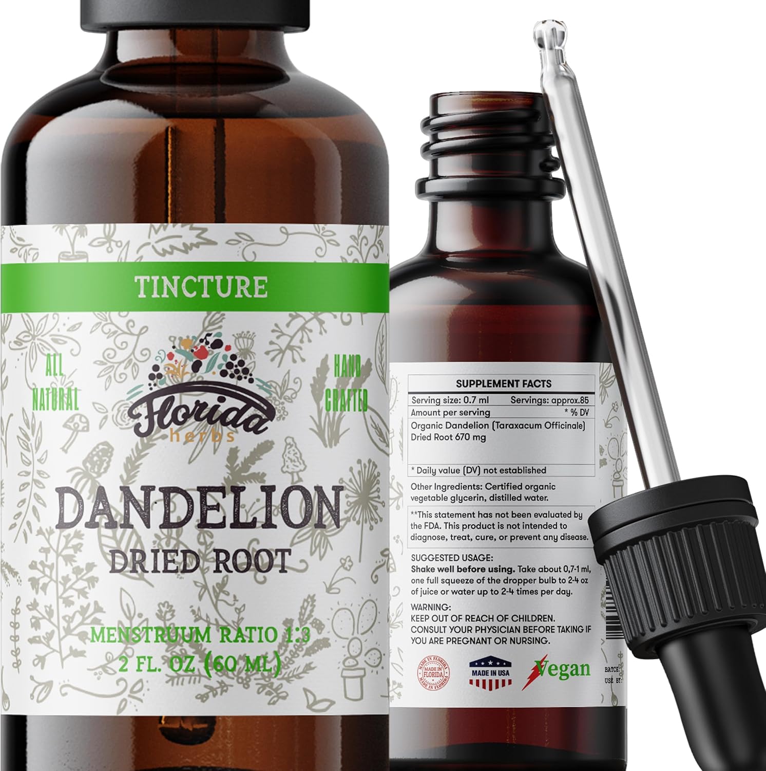 Florida Herbs Organic Dandelion Root Tincture front view bottle for natural liver detox