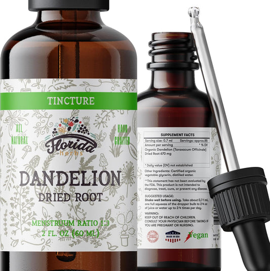 Florida Herbs Organic Dandelion Root Tincture front view bottle for natural liver detox