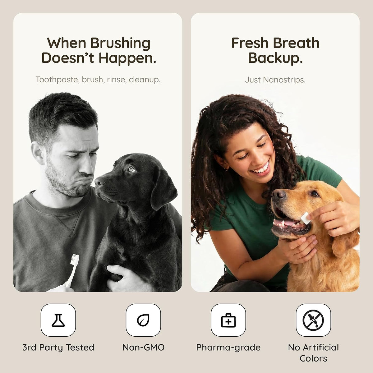 Back label of Furlicks 10 pack pet dental strips showing xylitol free formula