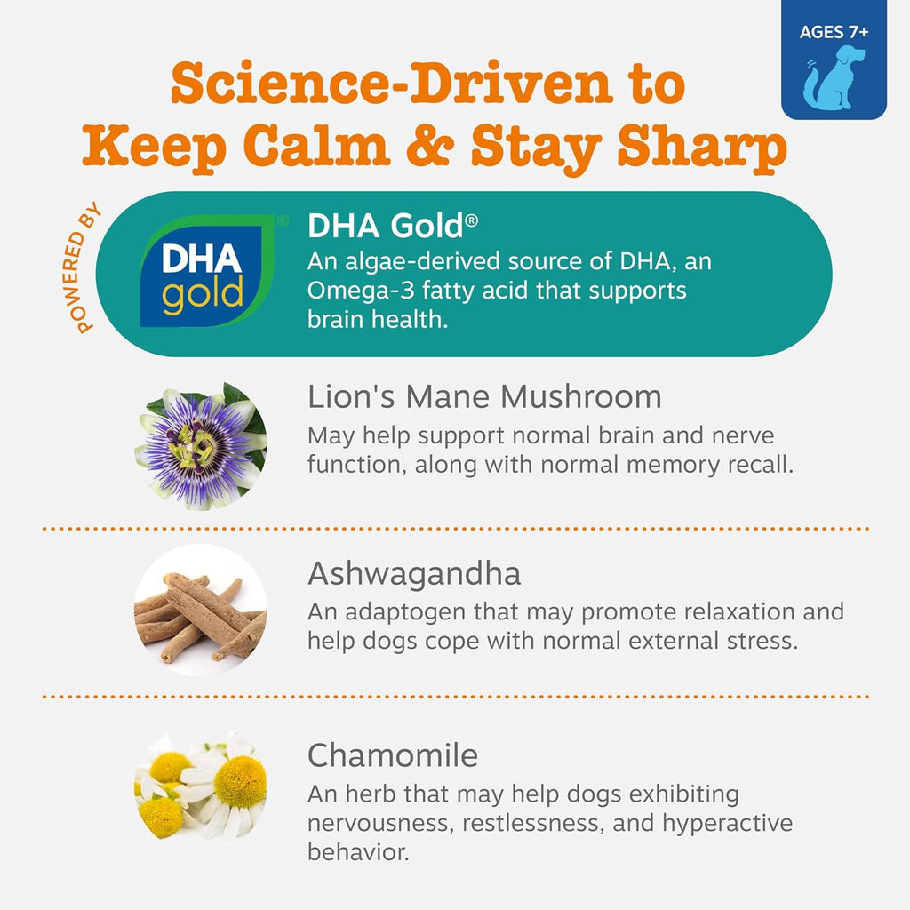 Chicken flavored senior dog cognitive supplement packaging side view showing active ingredients.