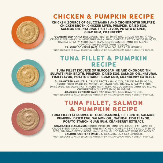 Grain free natural senior cat food pouches in chicken and pumpkin recipe flavor profile.