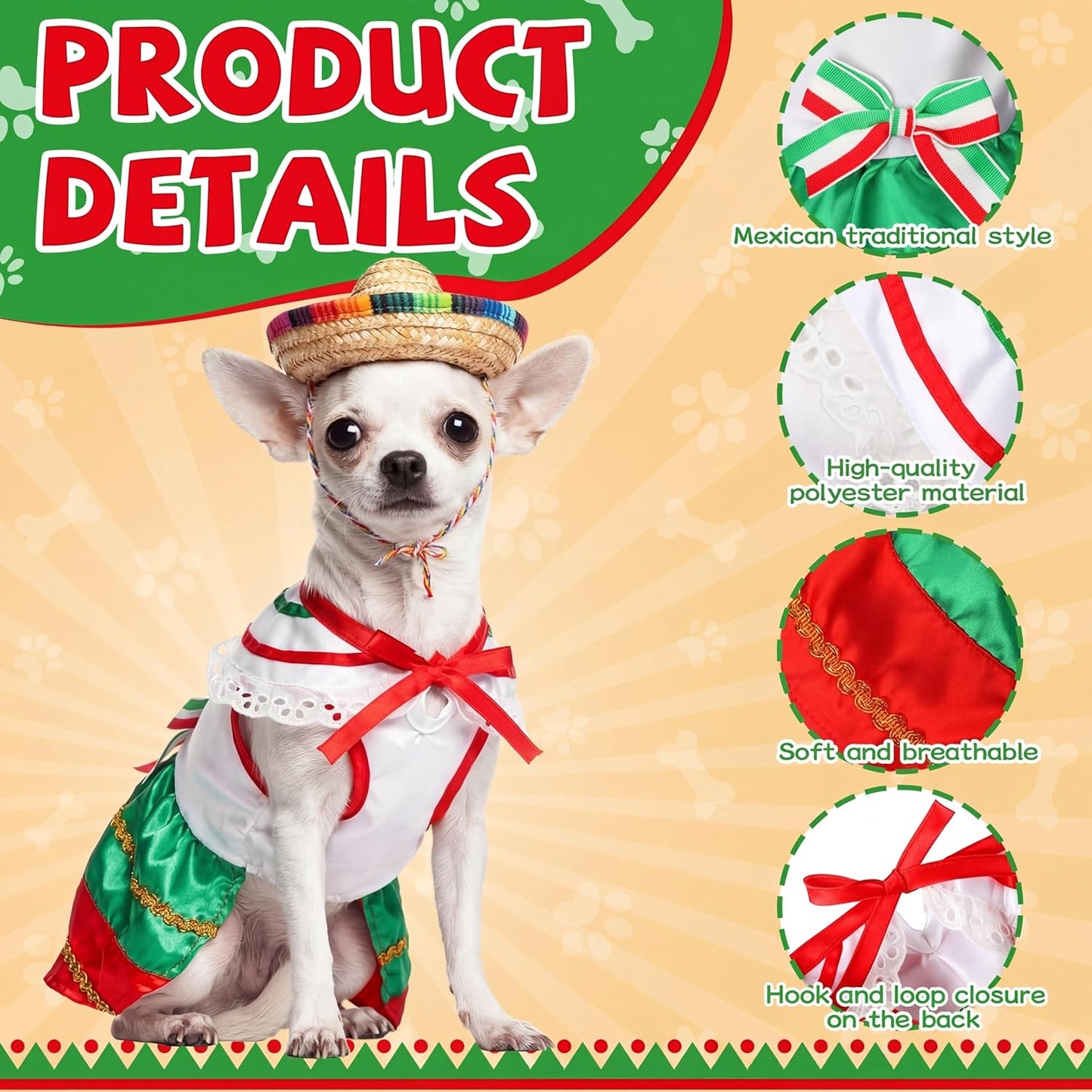 Bulyoou traditional Mexican pet outfit featuring detailed lace borders and vibrant striped pattern.