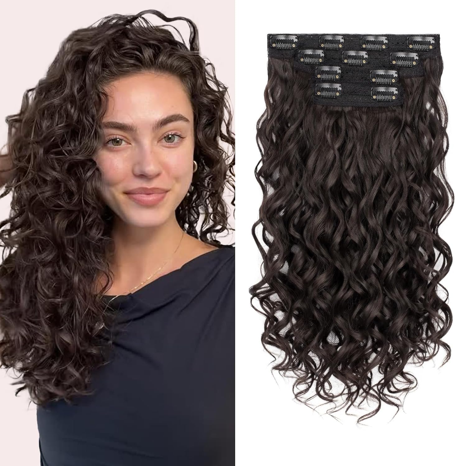 REECHO curly clip in hair extensions front view displaying 16 inch dark brown curls