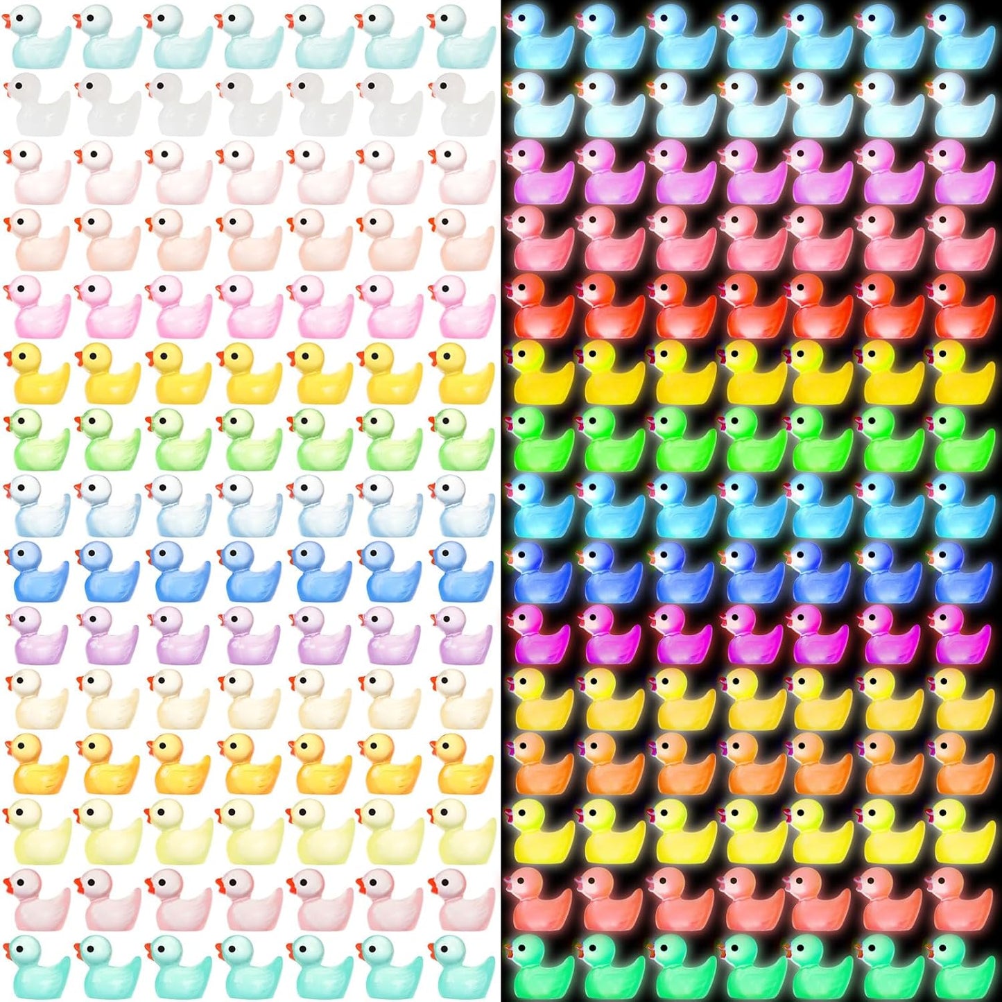 JIUZHU mini ducks glow in the dark luminous resin figurines front view showing fifteen different colors.