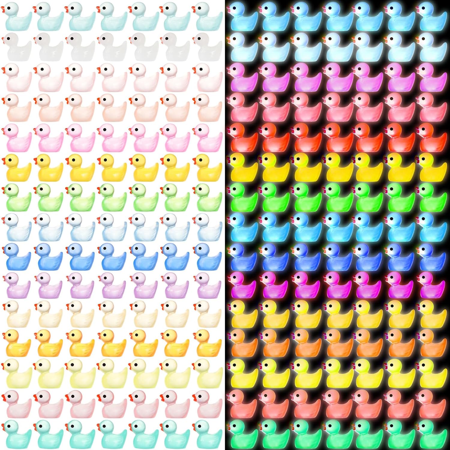 JIUZHU mini ducks glow in the dark luminous resin figurines front view showing fifteen different colors.