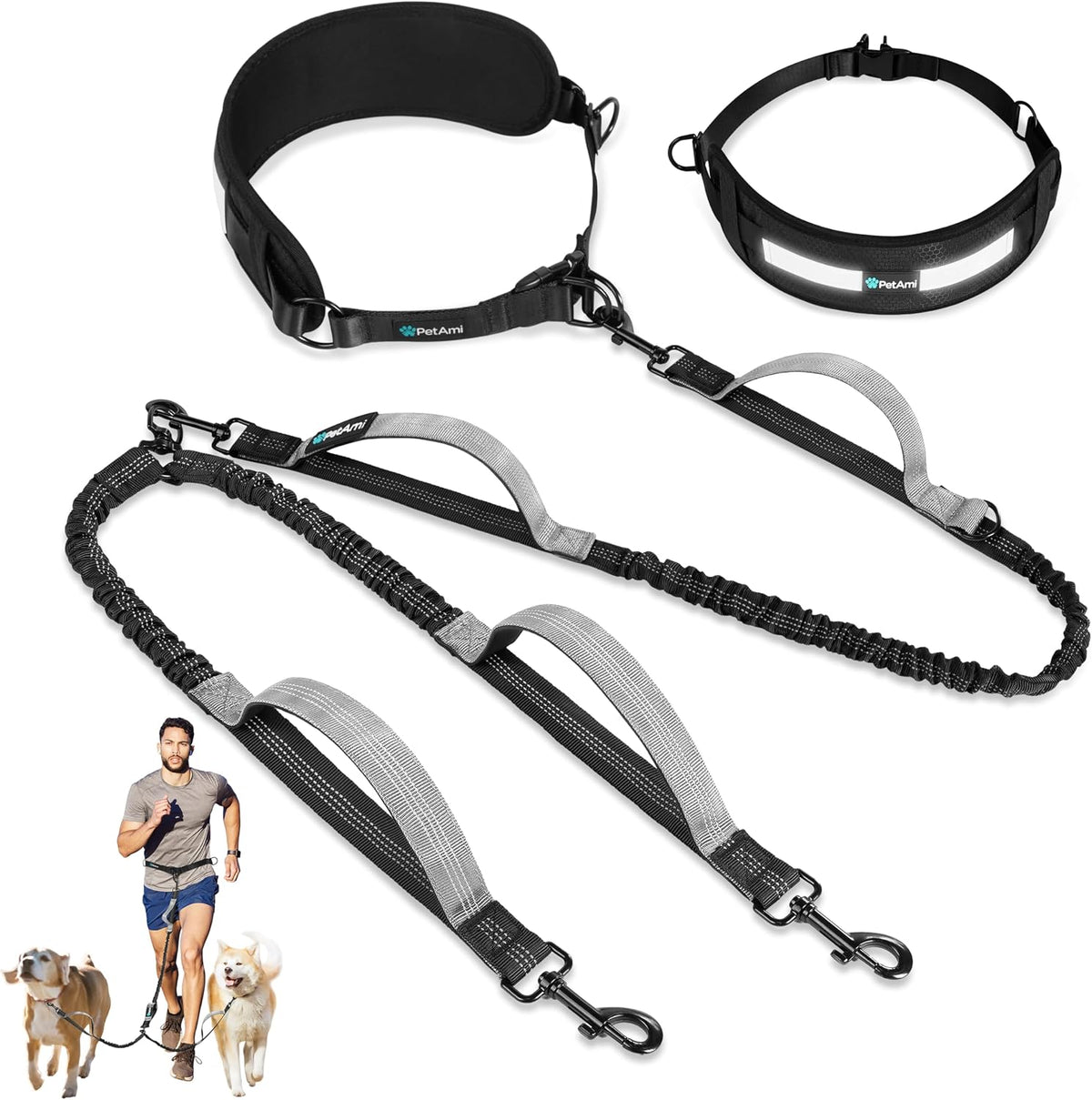 PetAmi Hands Free Double Dog Leash with Padded Lumbar Waist Belt, 360 No-Tangle Swivel Coupler, Bungee Shock Absorbing Dual Leash for Two Dogs Medium Large, Reflective, Purple - Image 10