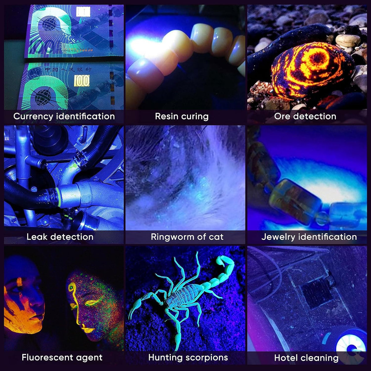 Luxnovaq professional ultraviolet light exposing glowing minerals and uranium glass in the dark.