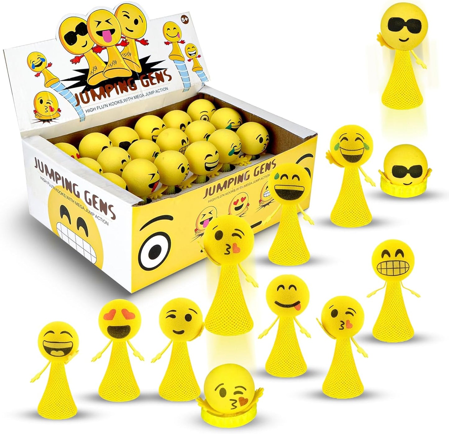 Liberty Imports jumping emoticon popper spring launchers twenty-four piece box front view showcasing vibrant emoji designs