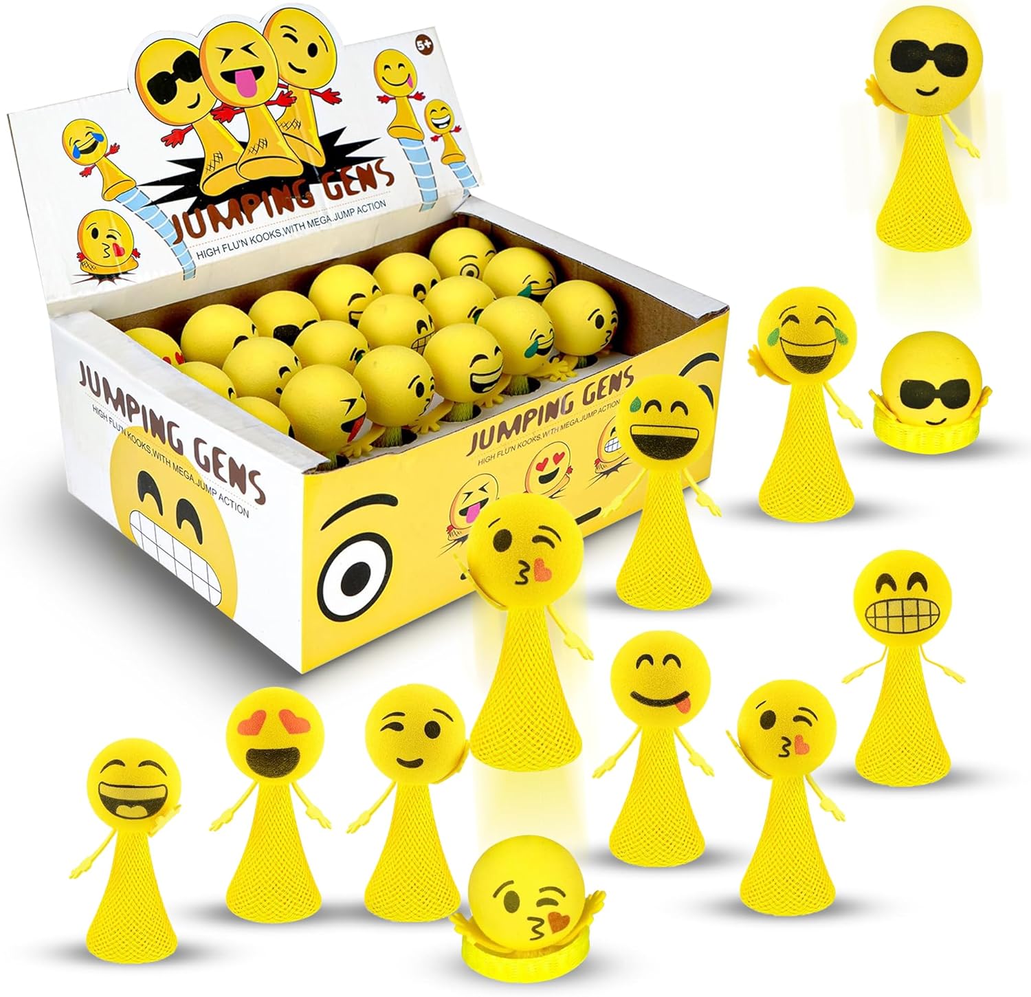 Liberty Imports jumping emoticon popper spring launchers twenty-four piece box front view showcasing vibrant emoji designs