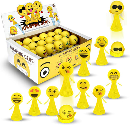 Liberty Imports jumping emoticon popper spring launchers twenty-four piece box front view showcasing vibrant emoji designs