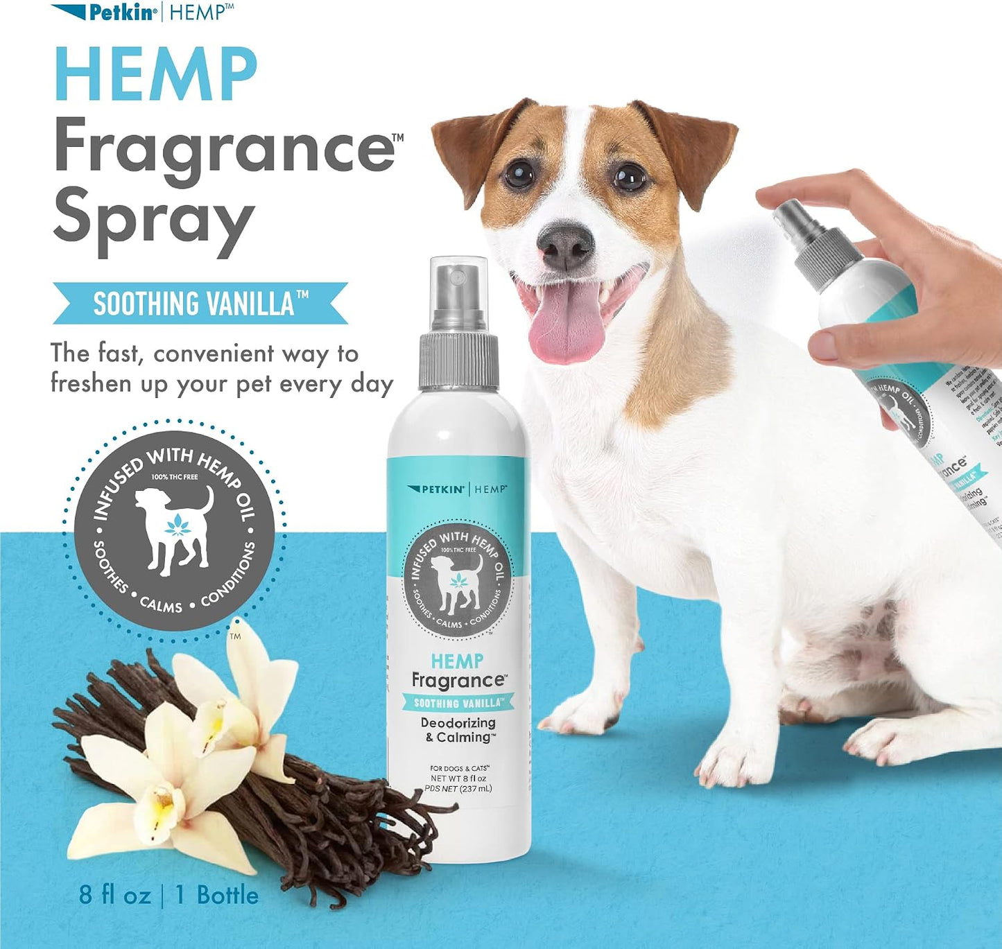 Front view of Petkin 8 fluid ounce hemp fragrance bottle