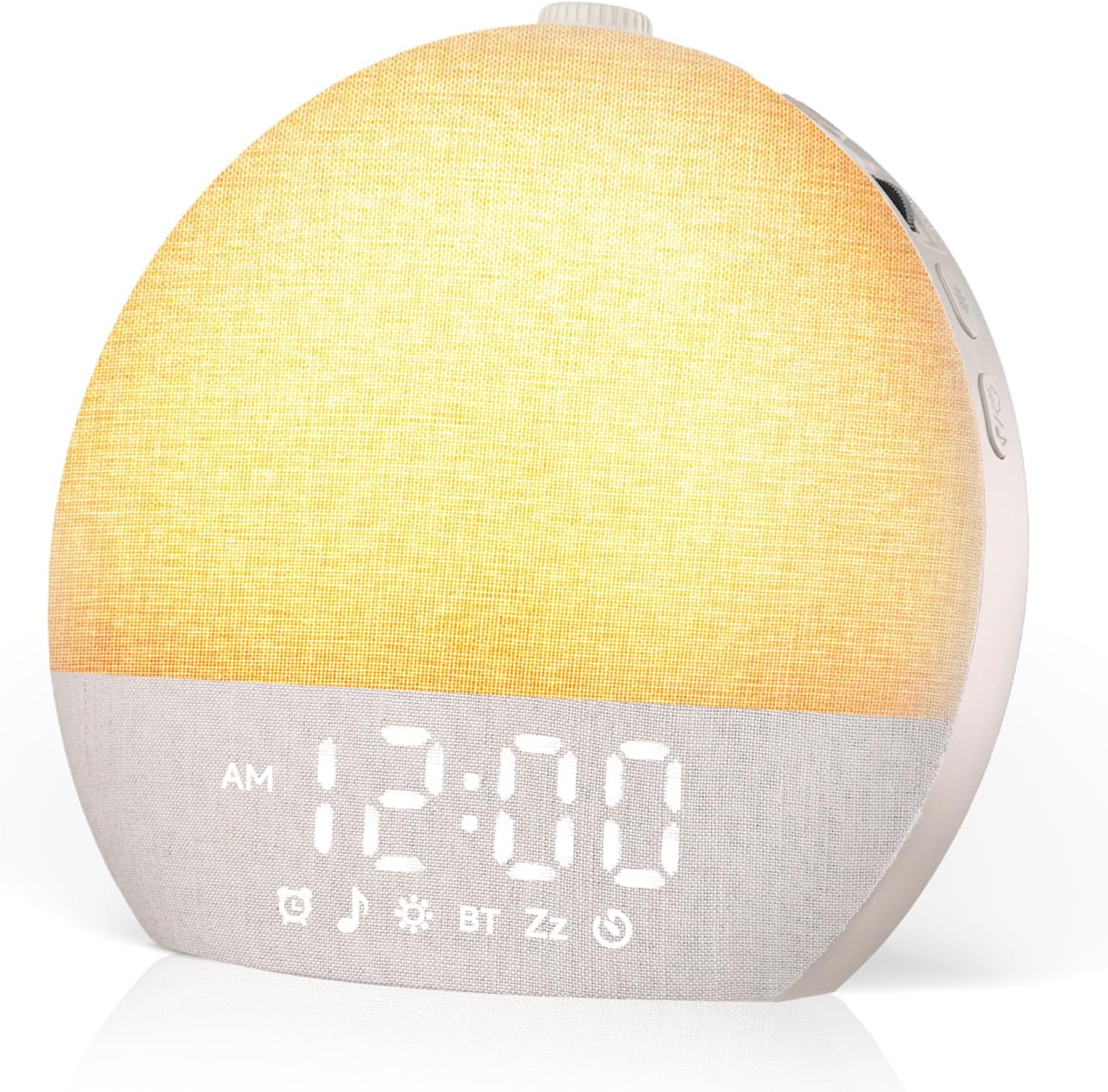 Geuuap sunrise alarm clock front view showing khaki linen fabric design on bedside table.