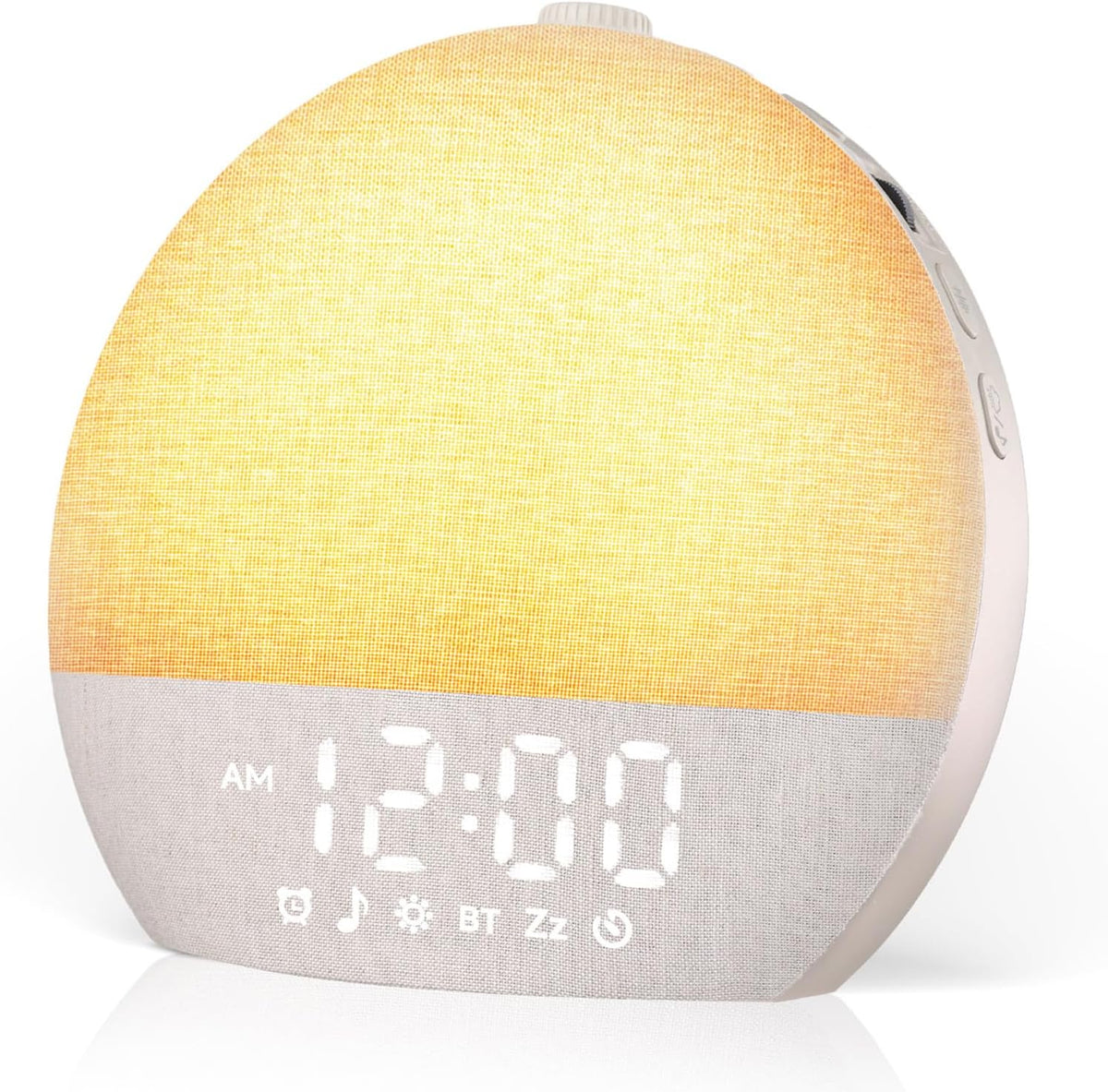 Geuuap sunrise alarm clock front view showing khaki linen fabric design on bedside table.