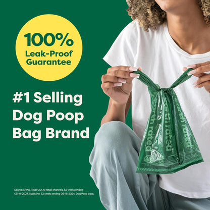 Extra wide pet waste bags with tie handles demonstrating clean pickup capability.